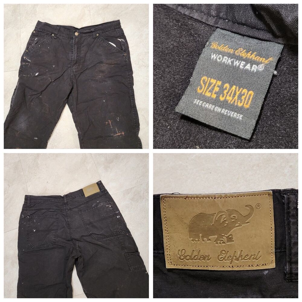 VTG Golden Elephant Workwear Mens 34x30 Fleece Lined Carpenter Pants Paint Black